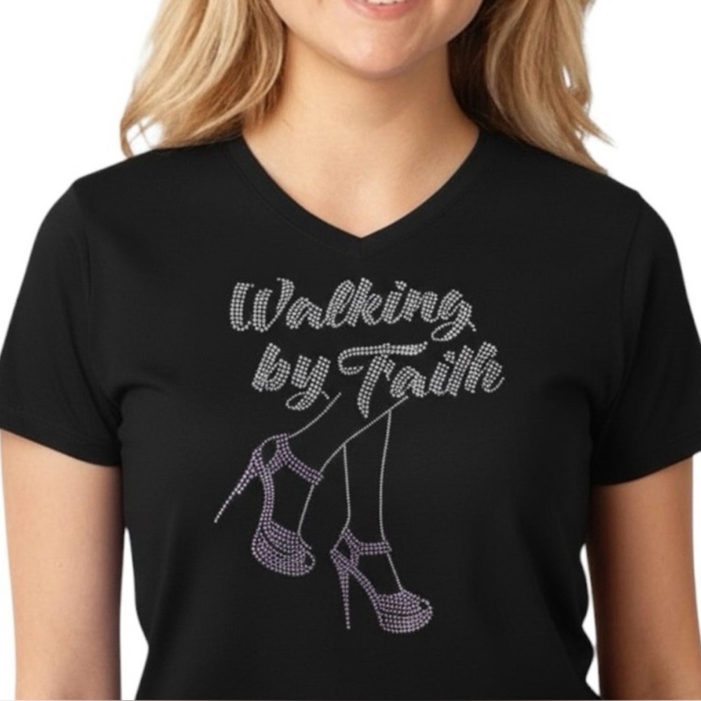 Walking by Faith Concert Event Silver Purple Rhinestone Stilettos T-Shirt Top